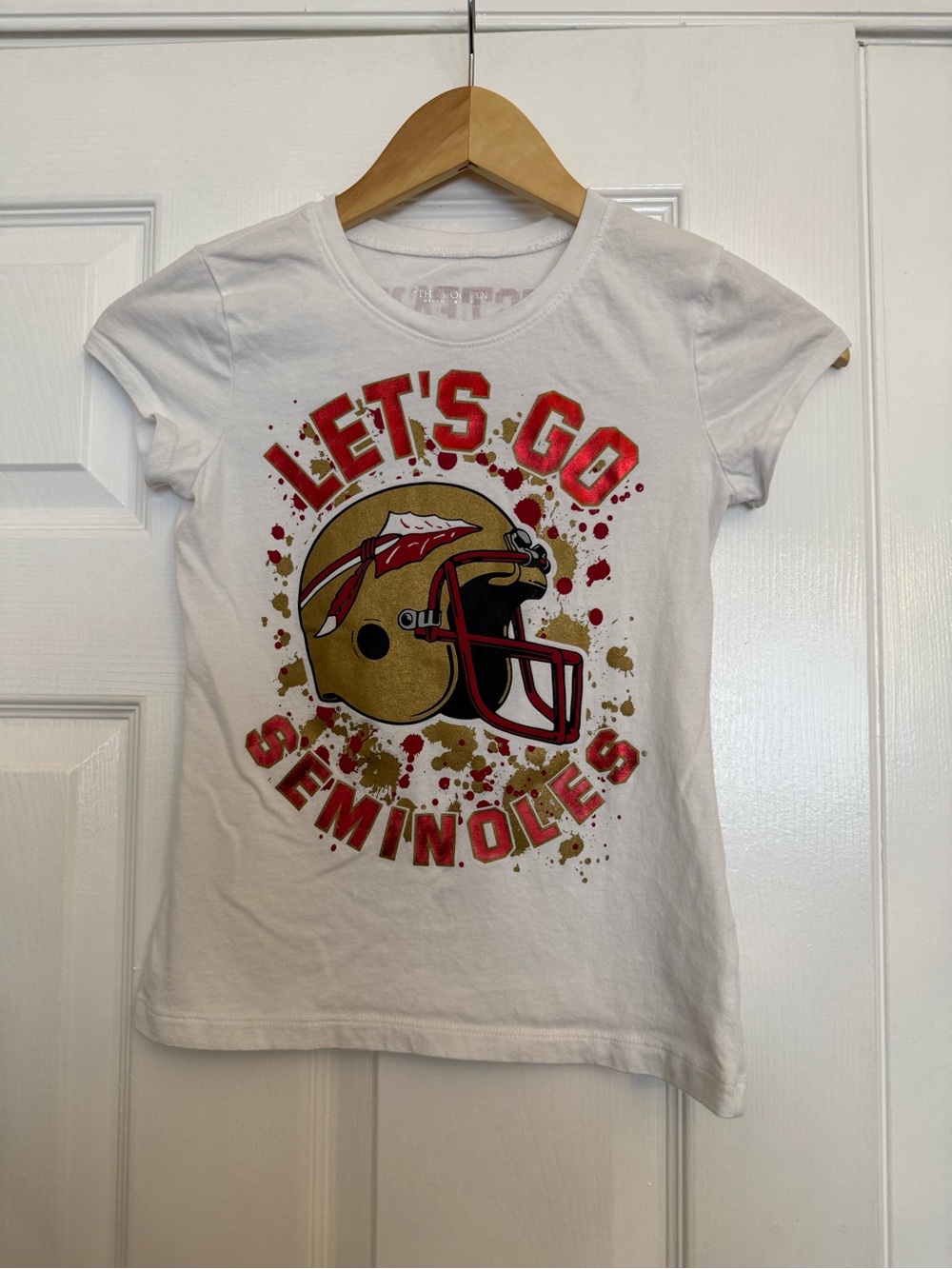 All Saints White Tee with Gold & Red Helmet Graphic